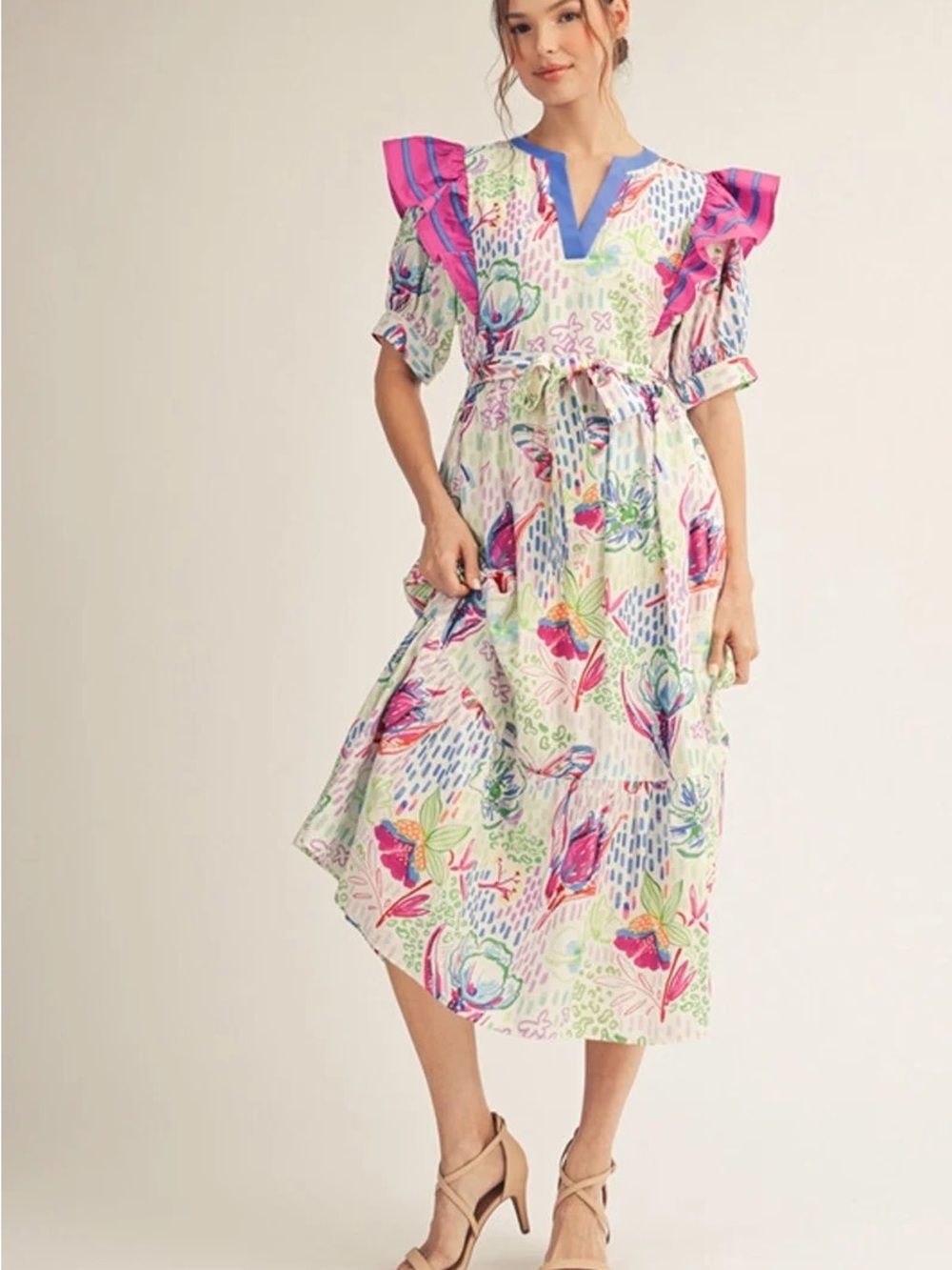 Floral Flutter Sleeve Midi Dress in Multicolor